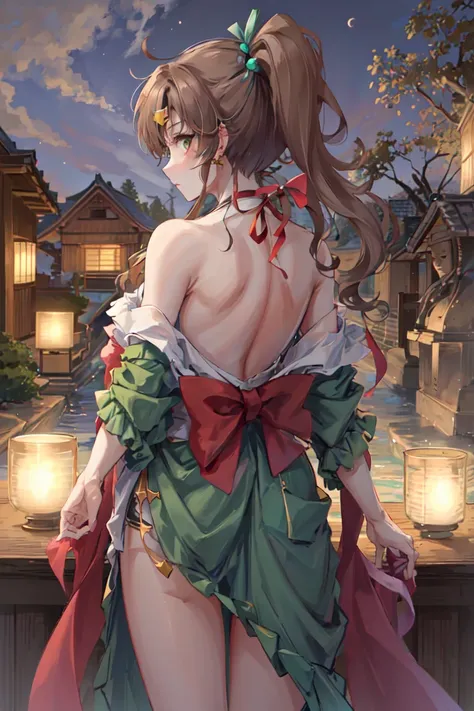 masterpiece, best quality, absurdres, perfect antomy, 1girl, smjupiter, green eyes, ponytail, aurora, back, bare back, bare shou...