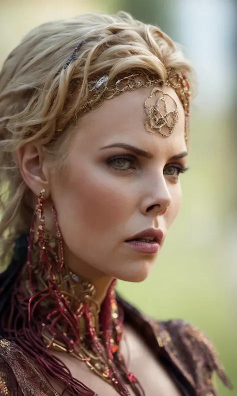 .photo realistic, ultra details, natural light Biomechanical charlize theron hacker - shaman of the sisterhood of cables wearing cable - dress made of cables with biomechanical filigree, super haute couture highly detailed eye, highly detailed lips, highly...