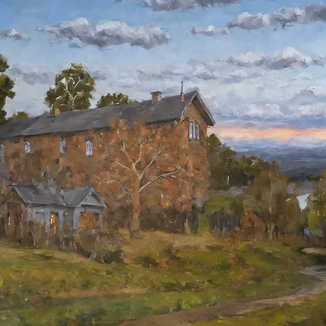 a painting of wooden house near a river, blue hour, sunset, long shadows, sunset light, highly detailed, sharp focus, professional, 4k, max detail, god rays, highres,high detail, sharp focus, smooth, aesthetic, extremely detailed