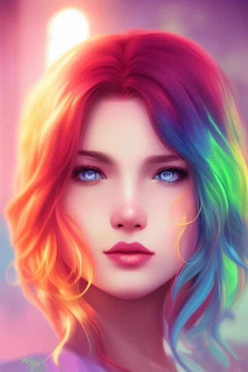 digital illustration style, book cover,  incredibly detailed, 1girl, rainbow hair, kimono, summer time, heterochromia, looking_a...