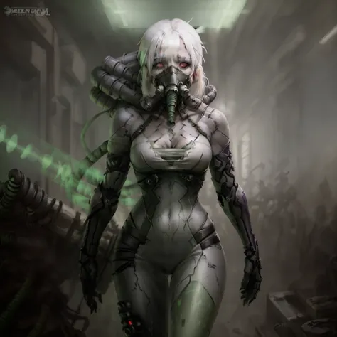 concept art <lora:cyberdead:.75> cyberdead, female white hair, gas mask, green tubes