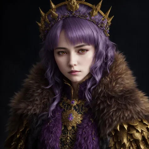 fantasy, high detail, RAW color photo, masterpiece, best quality, super detail, illustration, rpg, female queen, (fantasy), fur, cold, (detailed skin), (high detail, hyper detail, intricacy), (weeping: 1.4) Short purple hair, closed clothes, fur clothes, g...