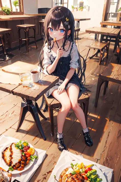 ((masterpiece)), ((top quality, best quality)), 
1girl, full body, big eye, (toddler, kawaii, cute girl, small face, very long hair, :1.2), BREAK 
(detailed background:1.4), ultra-detailed background, 
open cafe,  sit on chair, Have a meal, Delicious looki...