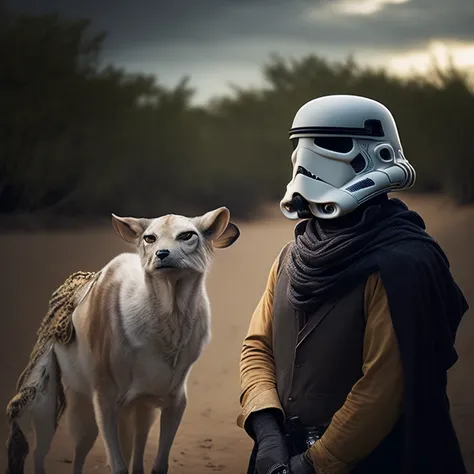 photo portrait of a stormtrooper dressed as Indiana jones on a safari in the savanna, rembrandt light, dramatic sky, exotic animals