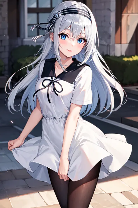 masterpiece,best quality, highres, kei1, 1girl, solo, blue eyes, long hair, white dress, short sleeves, ribbon, bangs, collarbone, grey hair, whte skirt, black hairband, black pantyhose, neck ribbon, hair between eyes, medium breasts, sailor collar, shoes,...