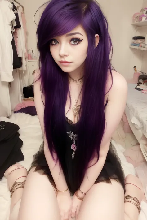 realistic, <lora:scene:0.8>, beautiful girl in messy bedroom, full body, poofy hair, (realistic face, perfect eyes, perfect face:1.1), colourful hair, emo makeup, eyeliner