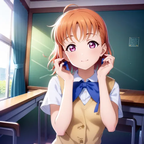 1girl, solo,(best quality),(masterpiece:1.1),Takami Chika ,(school uniform:1.4),dress, looking_at_viewer, neck_ribbon, cute, clear facial skin,