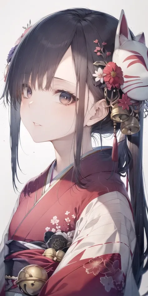 1girl, solo, hair ornament, white background, looking at viewer, japanese clothes, portrait, bangs, black hair, kimono, simple background, mask, parted lips, arrow (projectile), grey eyes, sidelocks, flower, red kimono, hair flower, blush, mask on head, ha...