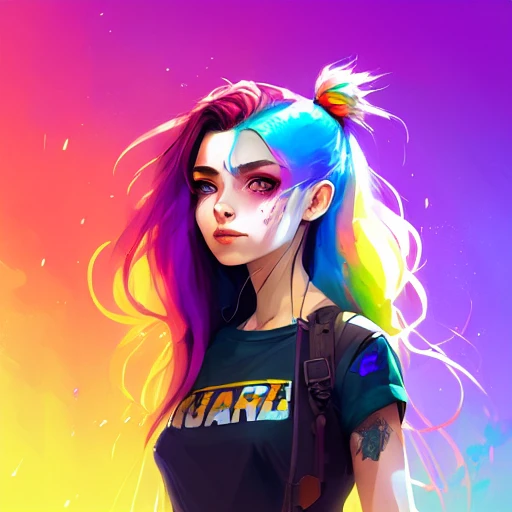 dreamlikeart, a grungy woman with rainbow hair, travelling between dimensions, dynamic pose, happy, soft eyes and narrow chin, extreme bokeh, dainty figure, long hair straight down, torn kawaii shirt and baggy jeans, In style of by Jordan Grimmer and greg ...