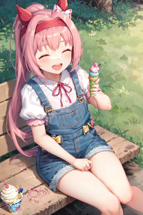 masterpiece, best quality, 
haru urara (umamusume), 
from above, open mouth, smile, closed eyes,
full body, sitting, on bench, holding ice cream cone, holding,
casual, ponytail, ear covers, hair bow, long hair, red headband, pink vest, puffy short sleeves,...