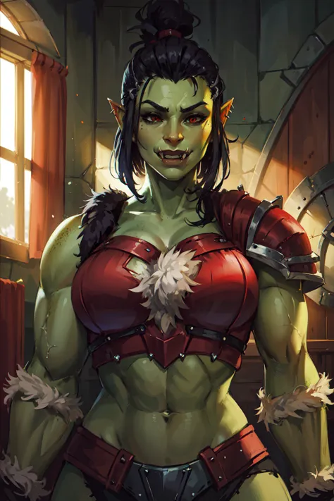 1girl, beautiful big  muscular shewoworc, fangs out, green skin, red armor, puldrons, fur trim, black hair, mohawk, medieval room indoors, window, sunlight, volumetric lighting, best quality, masterpiece <lora:sxz-orcs:0.8>