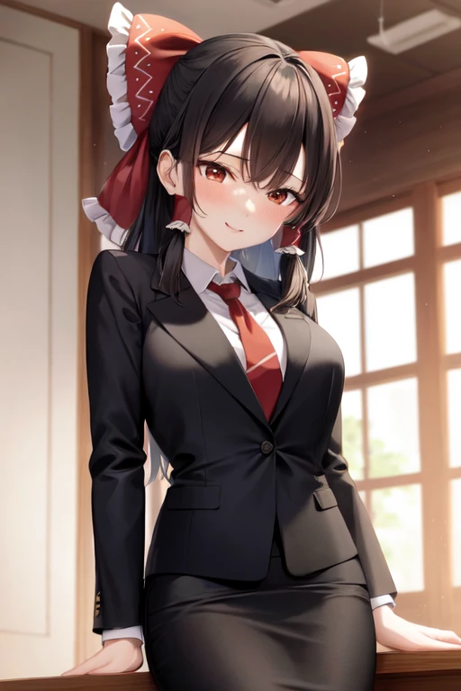 masterpiece, best quality, absurdres, cinematic lighting,Hakurei Reimu, 1girl, solo, blush, smile, indoors, office, pencil skirt, blouse, formal, black jacket, open jacket