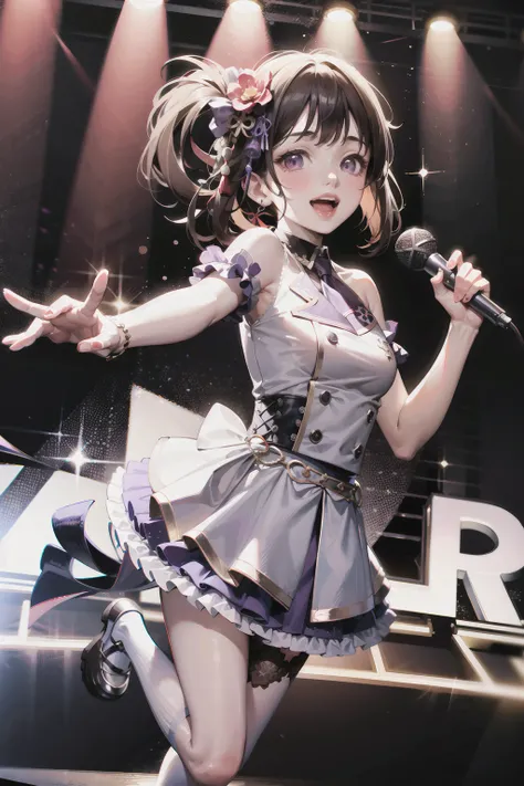 best quality, masterpiece,
1 young girl,solo ,slender,small breast,(japanese idol outfit in purple),
cheerful,open mouth,
in a live house,stage lighting, stage spotlight,<lora:jp idol costume:0.7>,