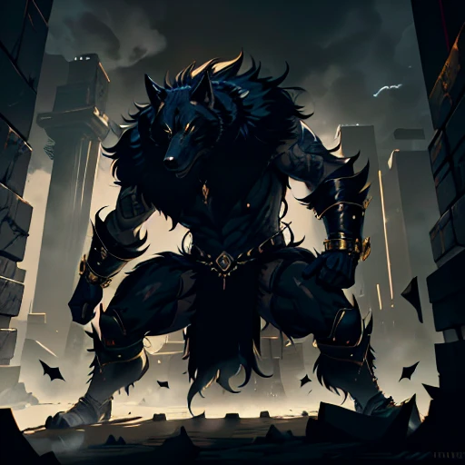 1man, dynamic pose of werewolf from underworld, ultra wide angle, in focus, dark epic background, golden fur design, hyper details, lighting art, cinematic, insane details, intricate details, hyperdetailed, goth, fractal, dark shot<lora:LORA1024CV1024icomi...