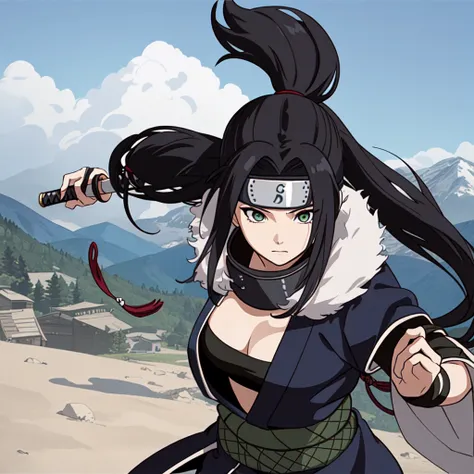 best quality, extremely detailed, 1girl, shinobi, kunoichi, shinobi, ninja, female focus, battle stance, battle pose, holding, sword, katana, (dynamic angle, dynamic composition) black_hair, extremely long hair, ponytail, green_eyes, grey short coat with f...