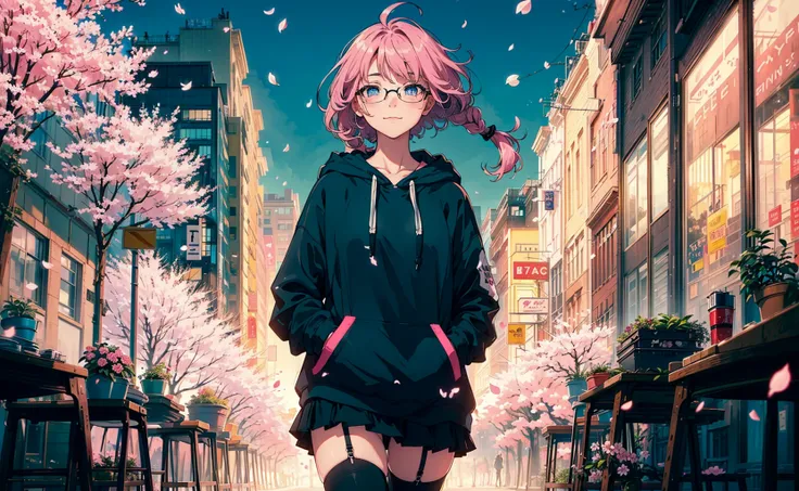 (masterpiece, sidelighting, ultra-detailed, finely detailed beautiful eyes:1.2),
cinematic light,

(1girl, solo:1.5) ,17yo ,kwaii, casual, skirt, (medium hair:1.4), (french braid ,pink ranged hair:1.3) ,(black hoodie:1.4),black legwear,glow blue eyes,zetta...