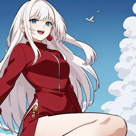 masterpiece, best quality, 1girl, long white hair, blue eyes, red dress, happy, big earrings, (falling in the sky:1.2), <lora:KM_NarutoS-V2:0.8>