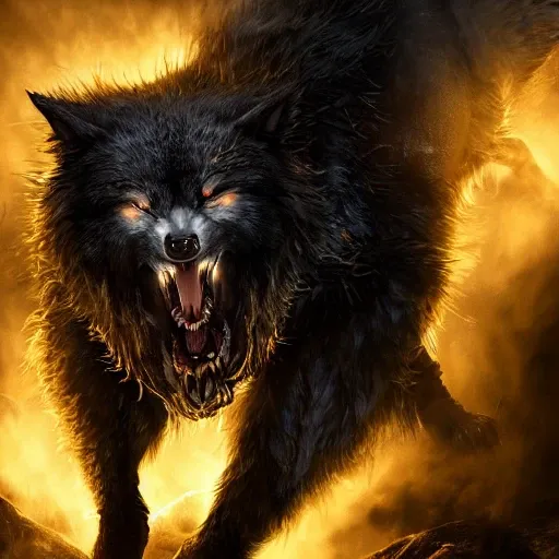 1man, dynamic pose of werewolf from underworld, ultra wide angle, in focus, dark epic background, golden fur design, hyper details, lighting art, cinematic, insane details, intricate details, hyperdetailed, goth, fractal, dark shot
