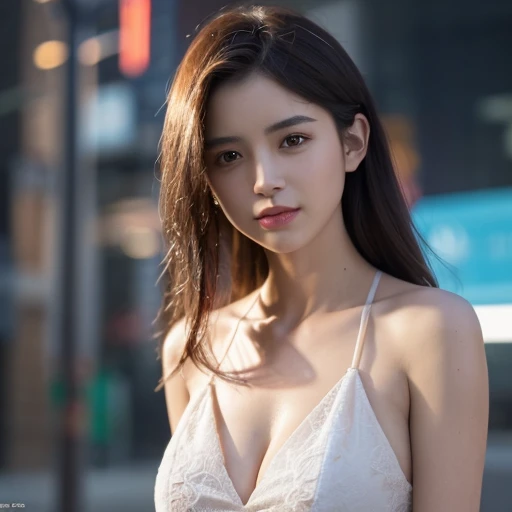 ,(8k, RAW photo, best quality, masterpiece:1.2), (realistic, photo-realistic:1.37),high detailed background,((1girl)) ,(shy expression,cute),cityscape, night, rain, wet, professional lighting, photon mapping, radiosity, physically-based rendering,,beautifu...