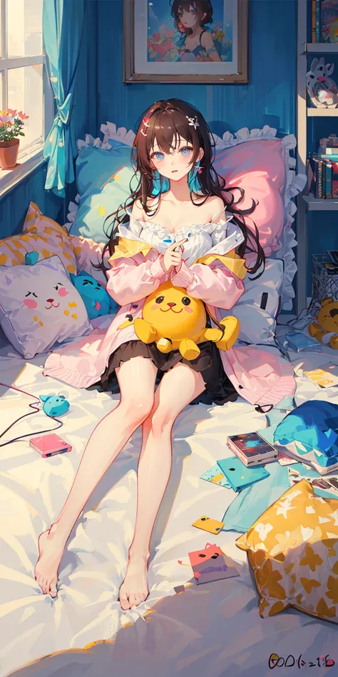 ((masterpiece,best quality)),(1girl),beautiful detailed eyes,colorful, vivid color, messy room, stuffed toy, toy, pillow, blanket, cushion,