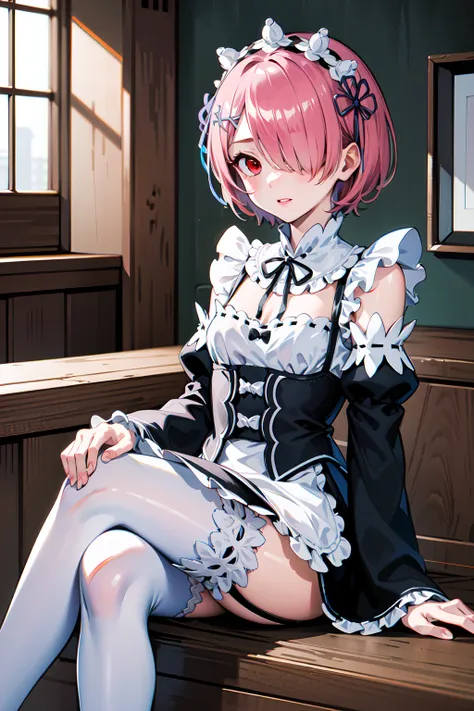 masterpiece, best quality, highres, ram1, 1girl, solo, ram \(re:zero\), pink hair, white thighhighs, short hair, red eyes, hair ...