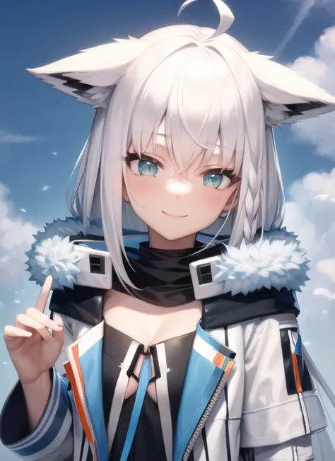 <lora:fubuker1-000007:1>, techjacket1, white hair, upper body, smile, blush, outdoors, sky, day, simple background, black shirt