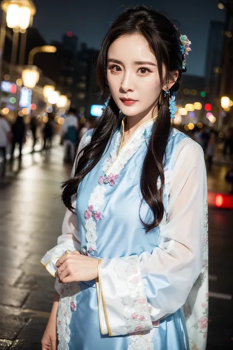 (yangmi), 1girl, standing in the street at night, extremely detailed face, upper body, hanfu,