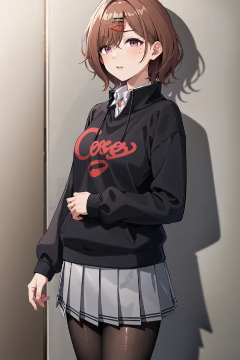 best quality, highres, 1girl, higuchi madoka, pantyhose, skirt, brown hair, mole under eye, mole, hair ornament, hairclip, pleated skirt, short hair,, long sleeves, bangs, sweater, miniskirt, black sweater, black pantyhose, grey skirt, collared shirt, purp...