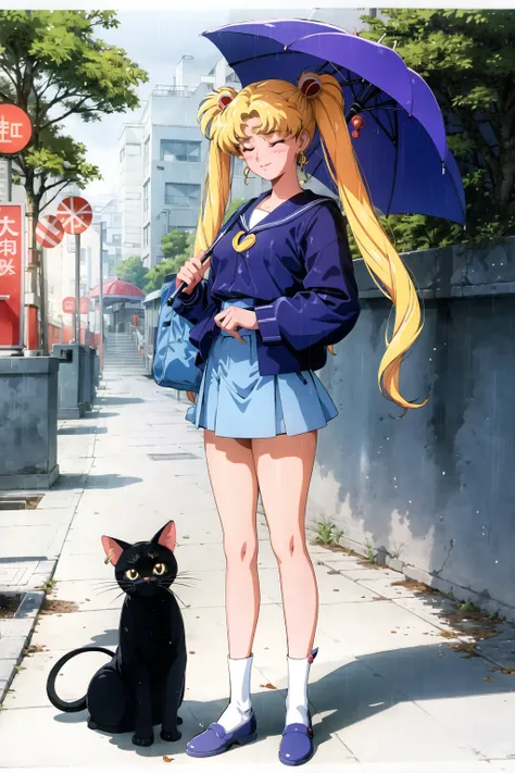 1990s (style), 1girl, animal, animal on shoulder, animalization, black cat, black umbrella, blonde hair, blue umbrella, casual, cat, closed eyes, crescent, crescent facial mark, double bun, earrings, full body, holding, holding umbrella, jewelry, long hair...