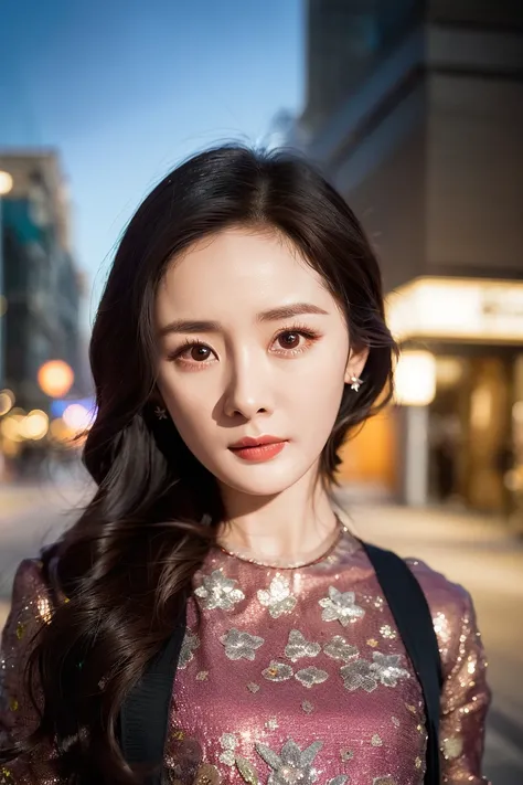 (yangmi), 1girl, standing in the street at night, extremely detailed eyes and face, beautiful detailed eyes, upper body, (small eyes:1.5),