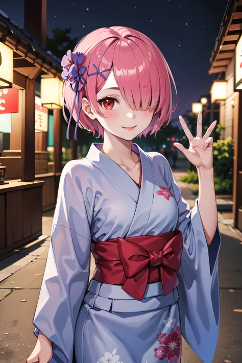 masterpiece, best quality, highres, ram1, 1girl, solo, ram (re:zero), pink hair, short hair, red eyes, hair over one eye, hair ribbon, x hair ornament, small breasts, purple ribbon, hair flower, <lora:ram_rezero_v1:0.6>, yukata, night, summer festival, smi...