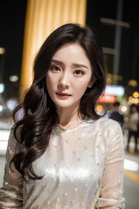 (yangmi), 1girl, standing in the street at night, extremely detailed eyes and face, beautiful detailed eyes, upper body, (small eyes:0.3),