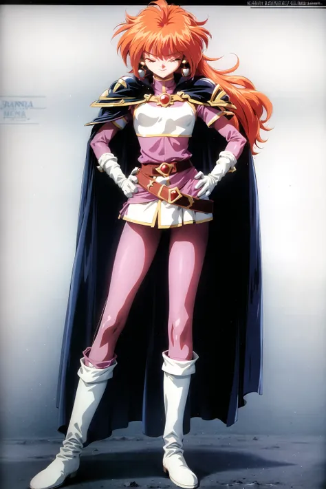 1990s (style), 1girl, armor, boots, cape, closed eyes, earrings, gloves, hand on hip, hands on hips, jewelry, lina inverse, long hair, orange hair, shoulder armor, solo, white footwear