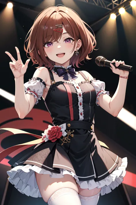 best quality, highres, 1girl, higuchi madoka, brown hair, mole under eye, hair ornament, hairclip, short hair, bangs, purple eyes, <lora:higuchi_madoka_V10:0.6>, cowboy shot, idol, idol dress, thighhighs, smile, on the stage,