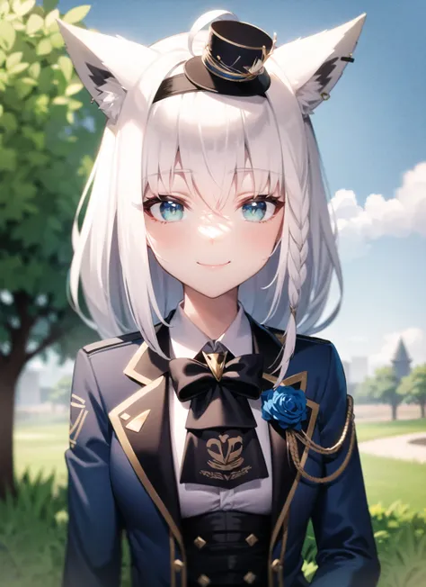 <lora:fubuker1-000007:1>, refined1, white hair, upper body, smile, blush, outdoors, sky, day, simple background,