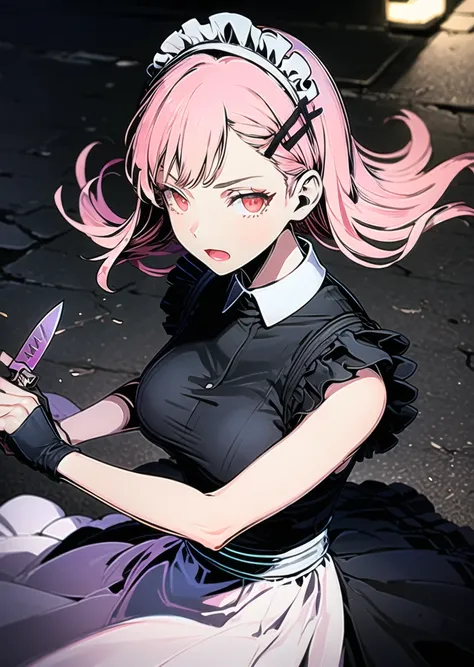 night, dark, (action shot:1.2), running, detailed eyes, upper body, 1girl, 30yo, (from above:1.3),dynamic angle, outdoor, pink hair, red eyes, multiple hairpins , hair ornament, maid, (long skirt:1.2), black skirt, medium breast, (alley:1.3), looking at vi...