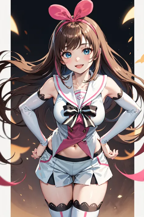 masterpiece, best quality, highres, 1girl, kizuna ai, long hair, brown hair, multicolored hair, short shorts, floating hair, pink hairband, white shorts, detached sleeves, navel, sailor collar, streaked hair, pink hair, blue eyes, white thighhighs, medium ...