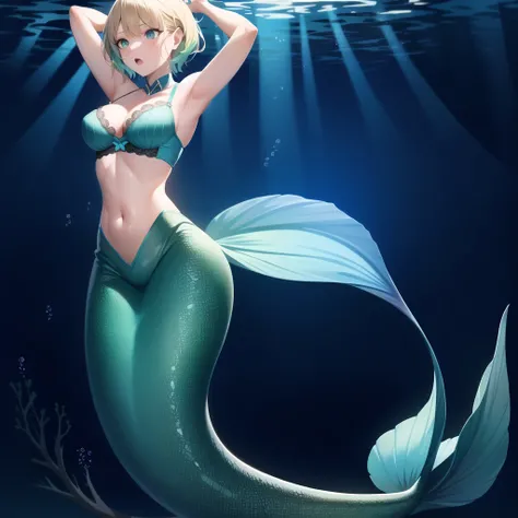 sfw, intricate details, masterpiece, absurdres, best quality, ultra-detailed, illustration, sharp focus, natural lighting, vivid colors, full body, cowboy shot, surprised, adult, solo, mature:1.3, mermaid, green scales, muscular body, short pointy blonde h...