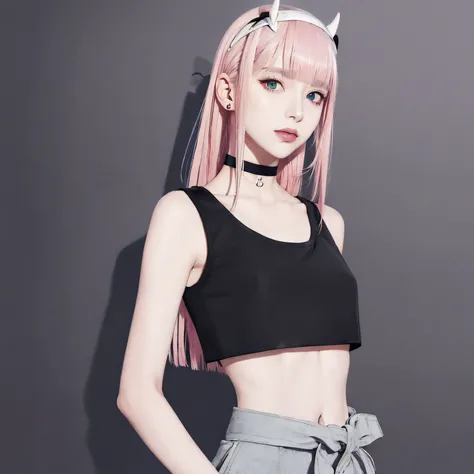 (masterpiece, best quality, 1girl, solo, intricate details, chromatic aberration),(realistic:1.2), zero two (darling in the franxx), darling in the franxx, ((zero two)), (white hairband:1.4), (small red horns),(pureerosface_v1:0.3),(((medium breath))),((pi...