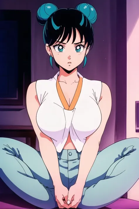 girl, (hotify,digital art,fit,hot body,instagram:1.2), (drawing:1.4), (Night,Living room Background:1.4),Plus Size,Huge Breasts,(Spread Legs),Short Hair,Bun Hair,(white Vest,cyan Western Pants:1.3),Dragon Ball,Shibari ,(masterpiece,detailed,highres:1.4) <l...