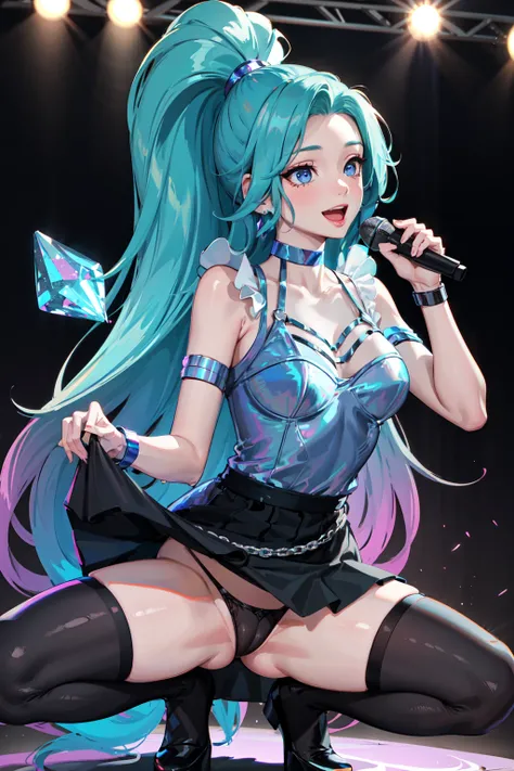 masterpiece, best quality, highres, seraphine1, 1girl, solo, blue hair, k/da (league of legends), very long hair, multicolored hair, jewelry, ponytail, blue eyes, earrings, dress, black choker, two-tone hair, purple hair, black thighhighs, bracelet, black ...