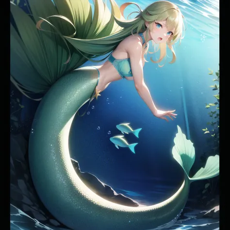 sfw, intricate details, masterpiece, absurdres, best quality, ultra-detailed, illustration, sharp focus, natural lighting, vivid colors, full body, cowboy shot, surprised, adult, solo, mature:1.3, mermaid, green scales, muscular body, short pointy blonde h...