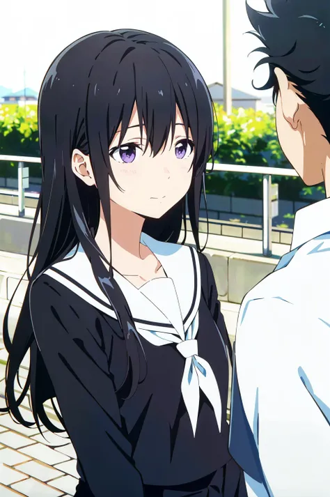 koe no katachi, 1girl, long hair, black hair, 1boy, school uniform, purple eyes, shirt, blurry, serafuku, sailor collar, letterboxed, outdoors, white shirt, closed mouth, kitauji high school uniform, looking at another, depth of field, bangs, day, collarbo...