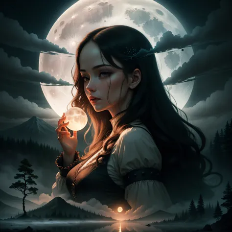 beautiful, masterpiece, best quality, extremely detailed face, perfect lighting, DarkFantasy-700, moon, fog, full moon, scenery, torii, night, sky, tree, 1girl, long hair, outdoors, cloud, spirit, moonlight, mountain, glowing, nature, ghost, forest, cloudy...