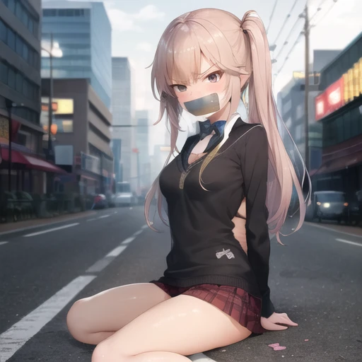 anime girl sitting on the ground with a tape over her mouth