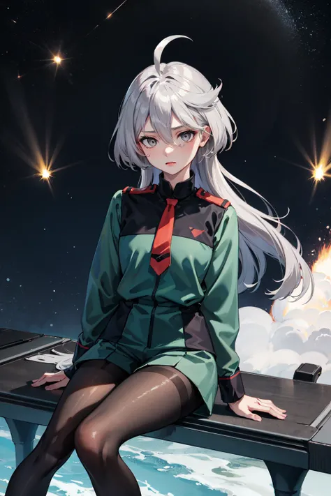 masterpiece, best quality, highres, miorine1, 1girl, miorine rembran, asticassia school uniform, solo, long hair, grey eyes, grey hair, ahoge, seamed legwear, green shorts, necktie, bangs, hair between eyes, black pantyhose, long sleeves, green jacket, flo...
