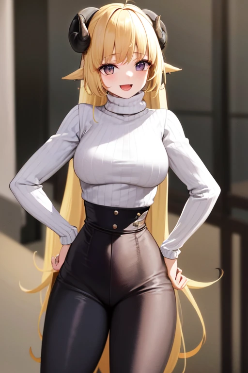 masterpiece, best quality, absurdres, perfect antomy, Watame, long hair, smile, :d, turtleneck sweater, high-waist pants, contrapposto, hip focus, hands on own hips, (from below:0.9)