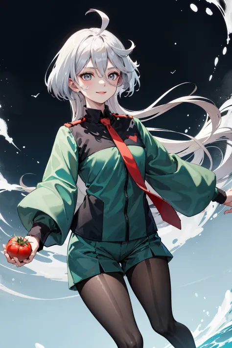 masterpiece, best quality, highres, miorine1, 1girl, miorine rembran, asticassia school uniform, solo, long hair, grey eyes, grey hair, ahoge, seamed legwear, green shorts, necktie, bangs, hair between eyes, black pantyhose, long sleeves, green jacket, flo...