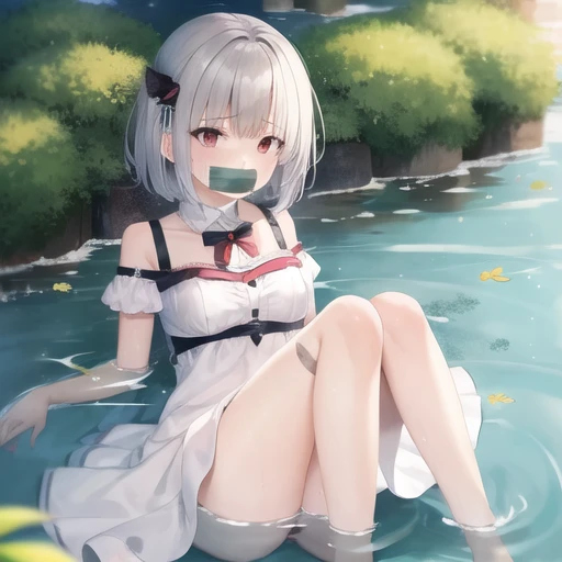 ((masterpiece, perfect quality))
<lora:WeossTapeGag_v1.1_dim_16:1>, 
1girl, tape gag, forest, river, white short hair, red eyes, white dress, partially submerged