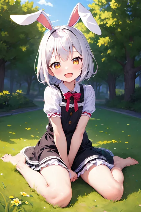 (masterpiece,best quality:1.5), 1girl, solo, solo focus, (animal ears,  rabbit ears), barefoot, knees up, dress, sitting, short sleeves, looking at viewer, grass, short hair, smile, white hair, puffy sleeves, outdoors, puffy short sleeves, bangs, on ground...